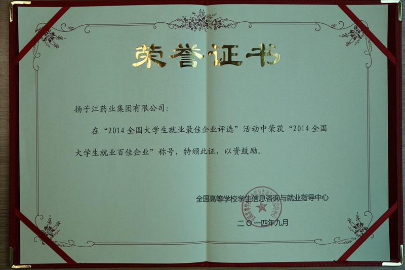 全国大学生就业最佳企业100强、行业就业最佳企业（2014）